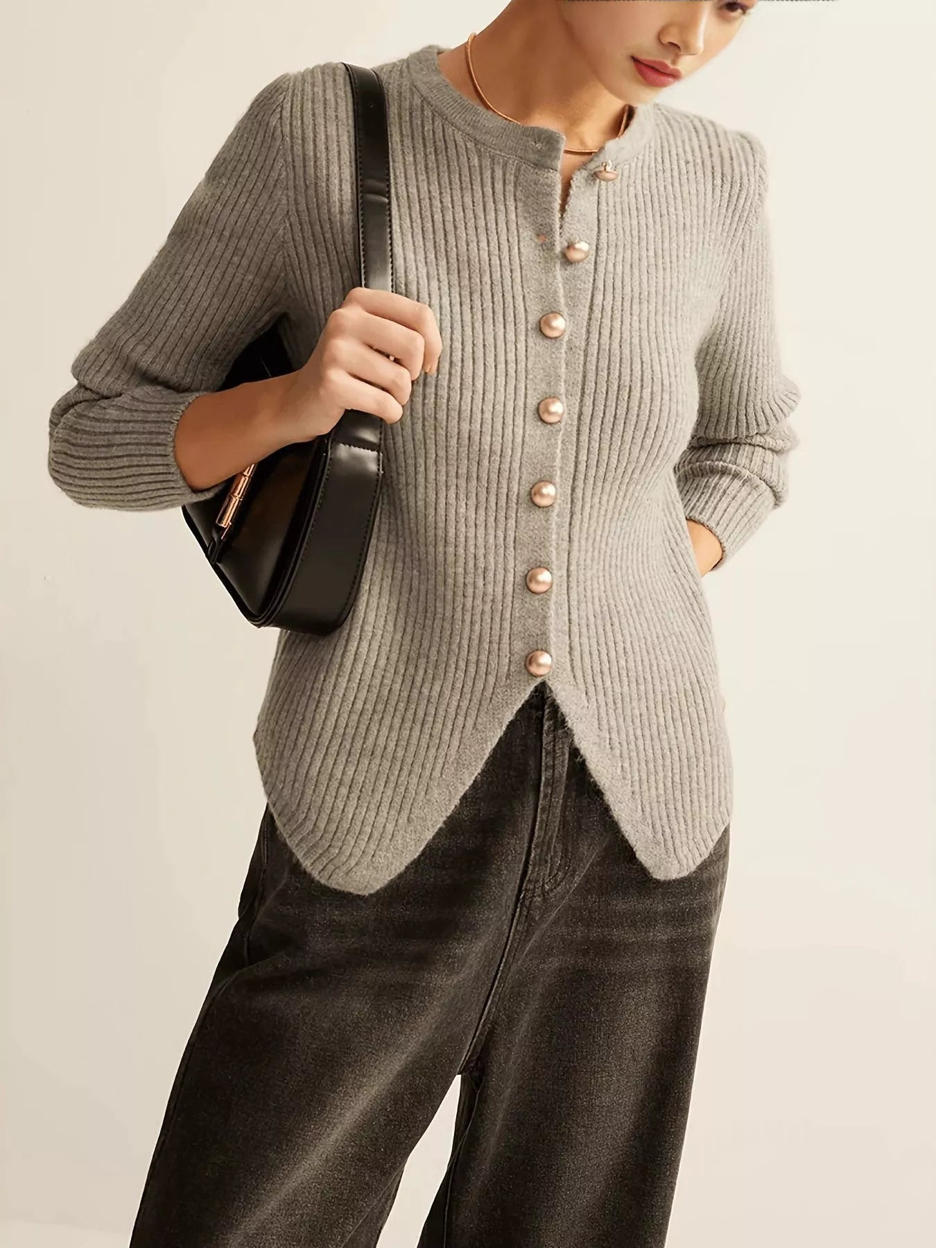 Gray ribbed knit cardigan detail: gold-tone button front with long sleeves