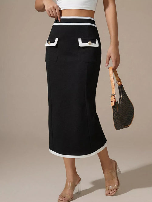 Black pencil midi skirt with striped waistband, flap pockets, and contrast hem