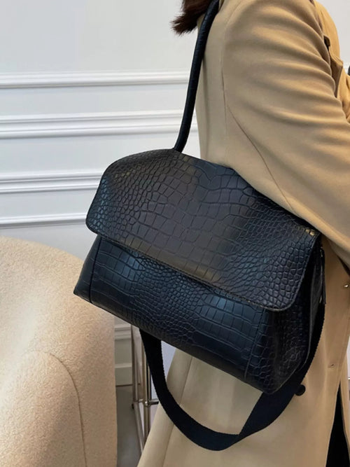 Black crocodile-embossed flap shoulder bag, front flap with short handle loop