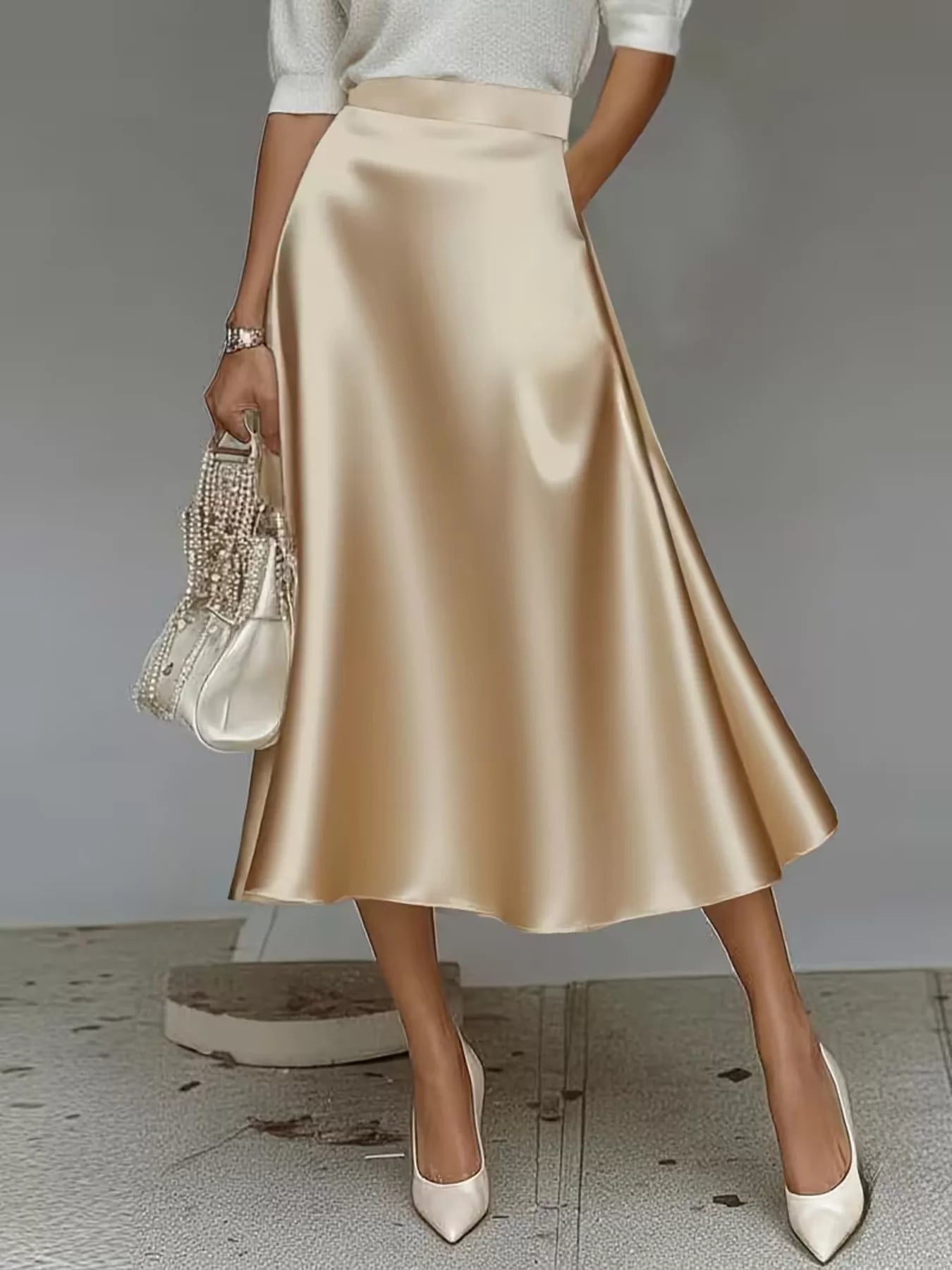 Beige satin midi skirt, smooth A-line flare with fitted waistband