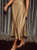 Khaki satin midi skirt, draped A-line silhouette with fluid flare from waist