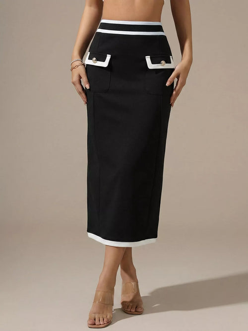 Black pencil midi skirt with contrast stripe waistband and front flap pockets