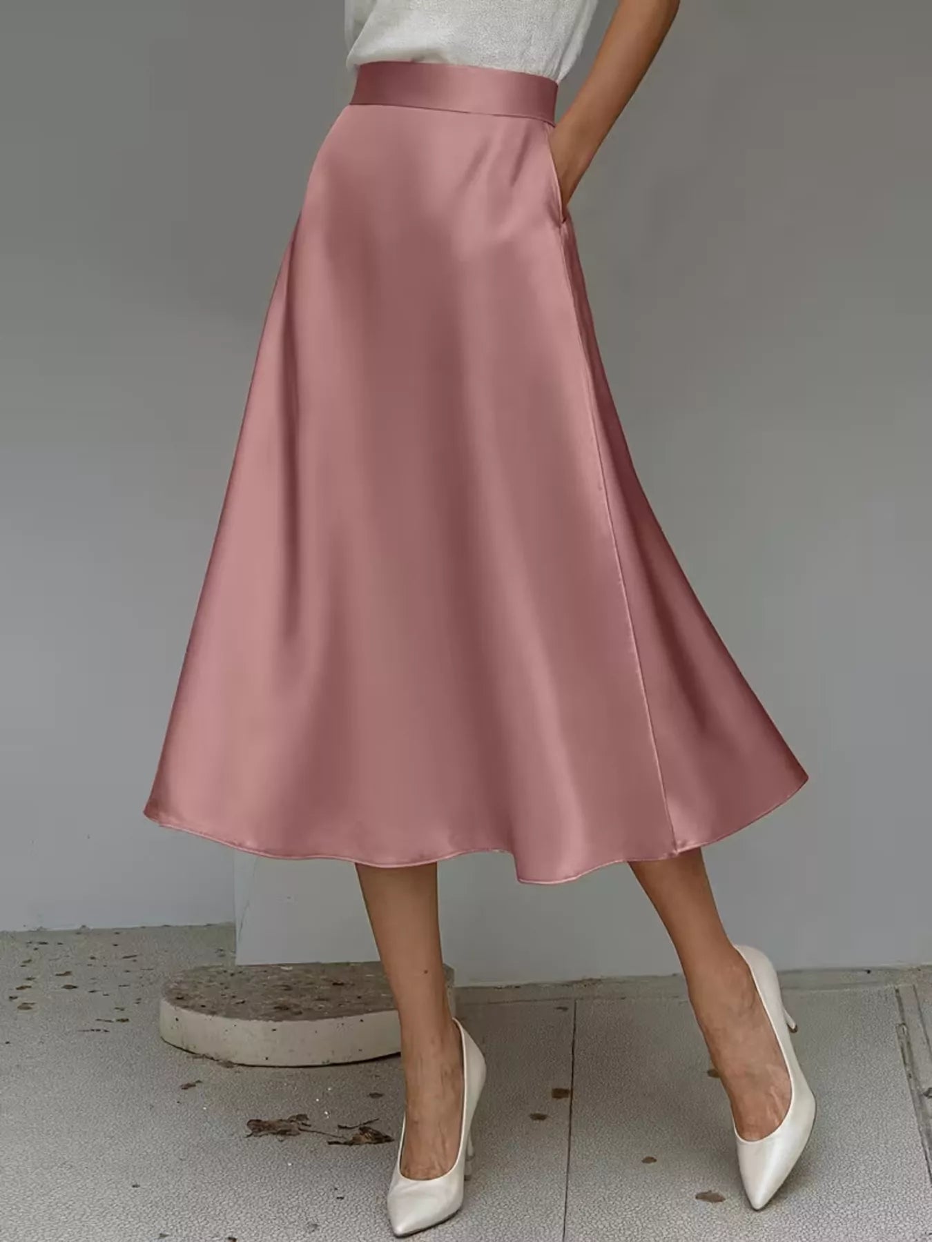 Dusty pink satin midi skirt, smooth A-line flare with fitted waistband